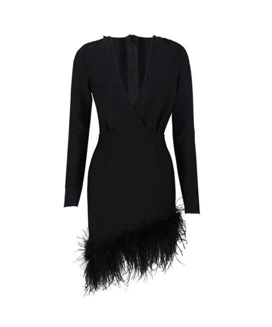 Pullover Solid Slim Hem Feather Decoration Long Sleeved V-collar Casual Dresses Sexy