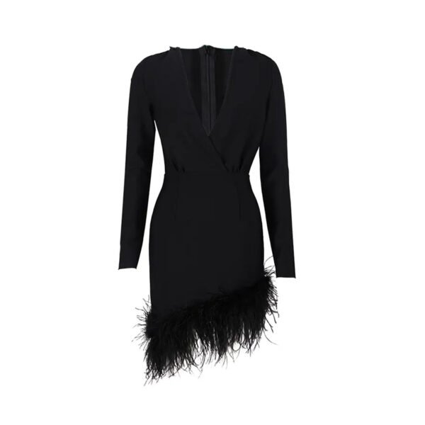 Pullover Solid Slim Hem Feather Decoration Long Sleeved V-collar Casual Dresses Sexy